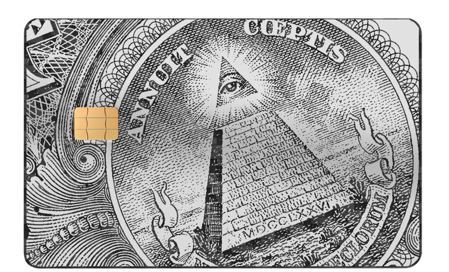 Black metal credit card with dollar bill pyramid and all-seeing eye design, chip visible