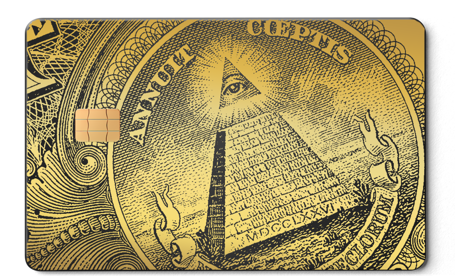 Enigma brass metal card with pyramid and all-seeing eye design, chip visible, engraved details