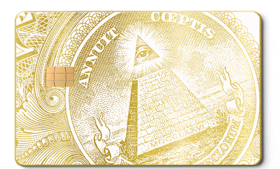 Brushed gold metal card with pyramid and all-seeing eye design, detailed engraving