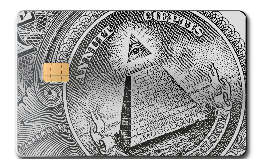 Premium metal card with black Enigma design featuring pyramid and all-seeing eye motif