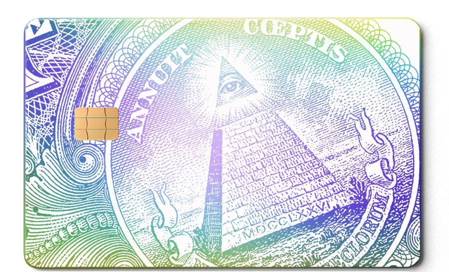 Metal card with rainbow chrome finish and pyramid eye design