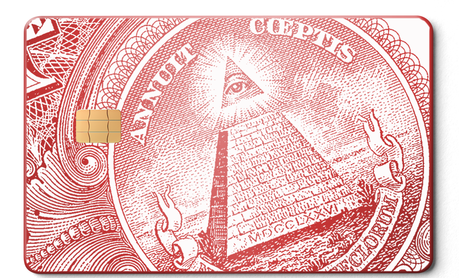 Red metal card featuring a pyramid with eye, inspired by dollar bill design, with chip.