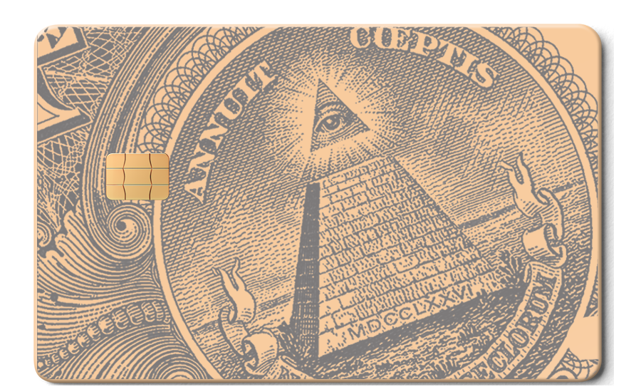 Rose gold metal card with engraved pyramid and eye design, chip on left side