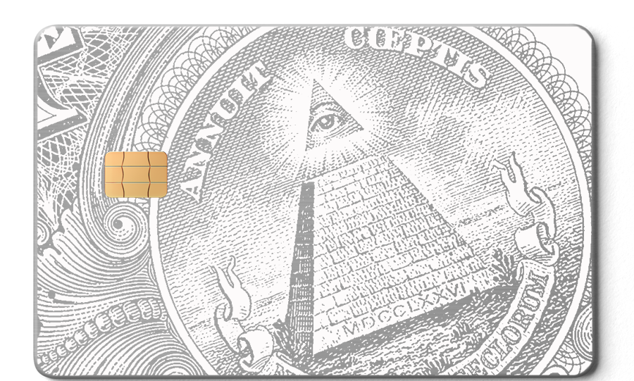 Silver metal card featuring an engraved pyramid and Eye of Providence design with chip