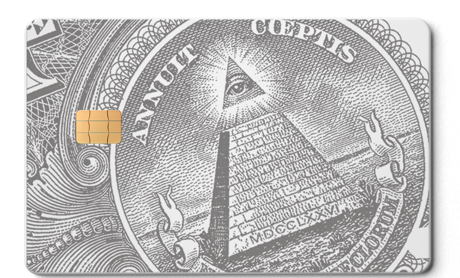 Metal card with pyramid and all-seeing eye design, inspired by dollar bill engraving