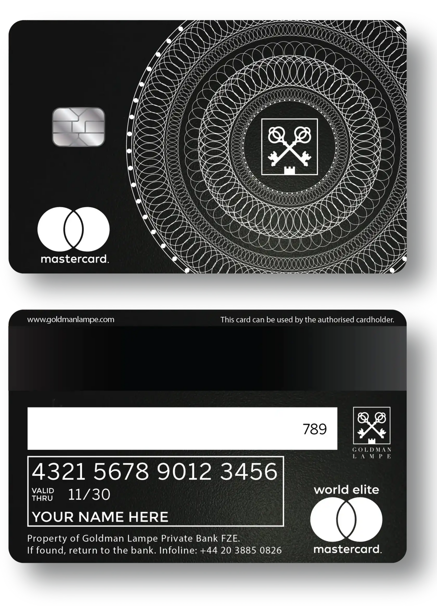 Black metal Mastercard with intricate white circular design, chip, and World Elite branding.