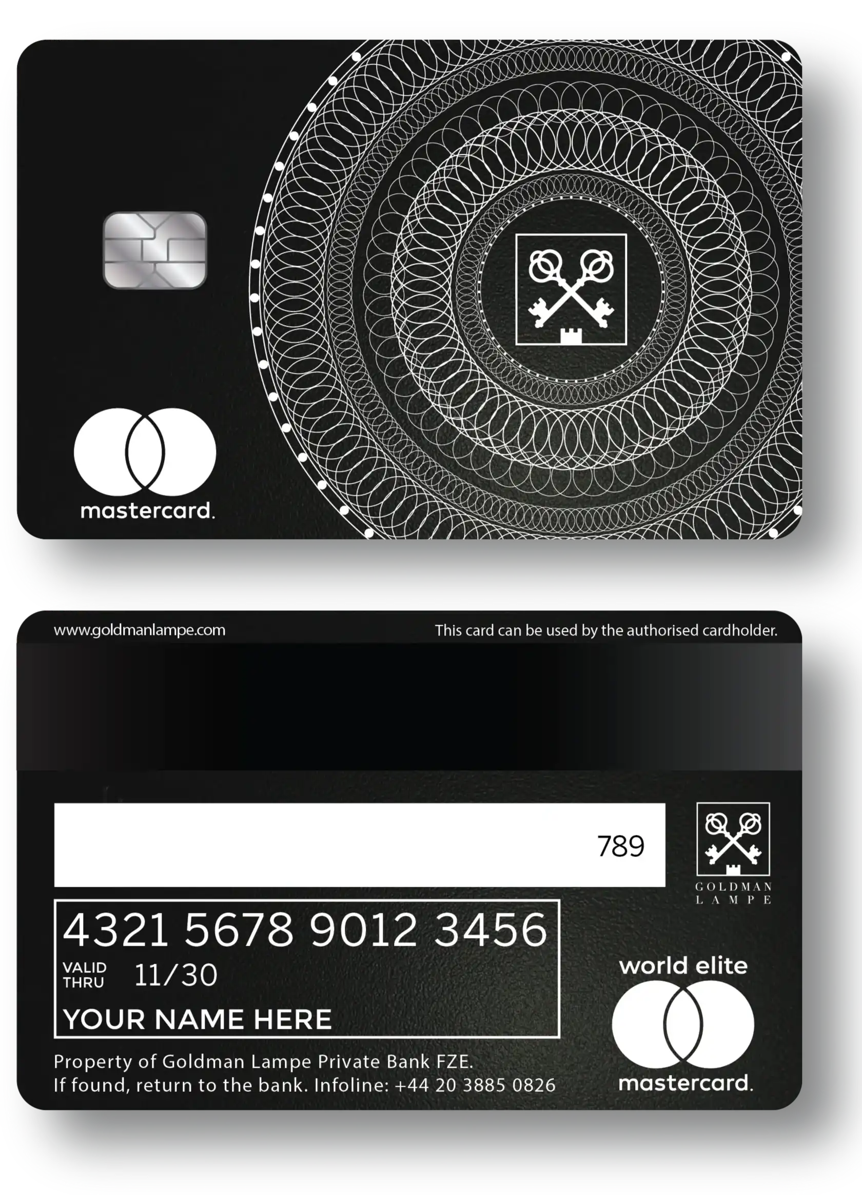 Black metal Mastercard with intricate white circular design, chip, and World Elite branding.