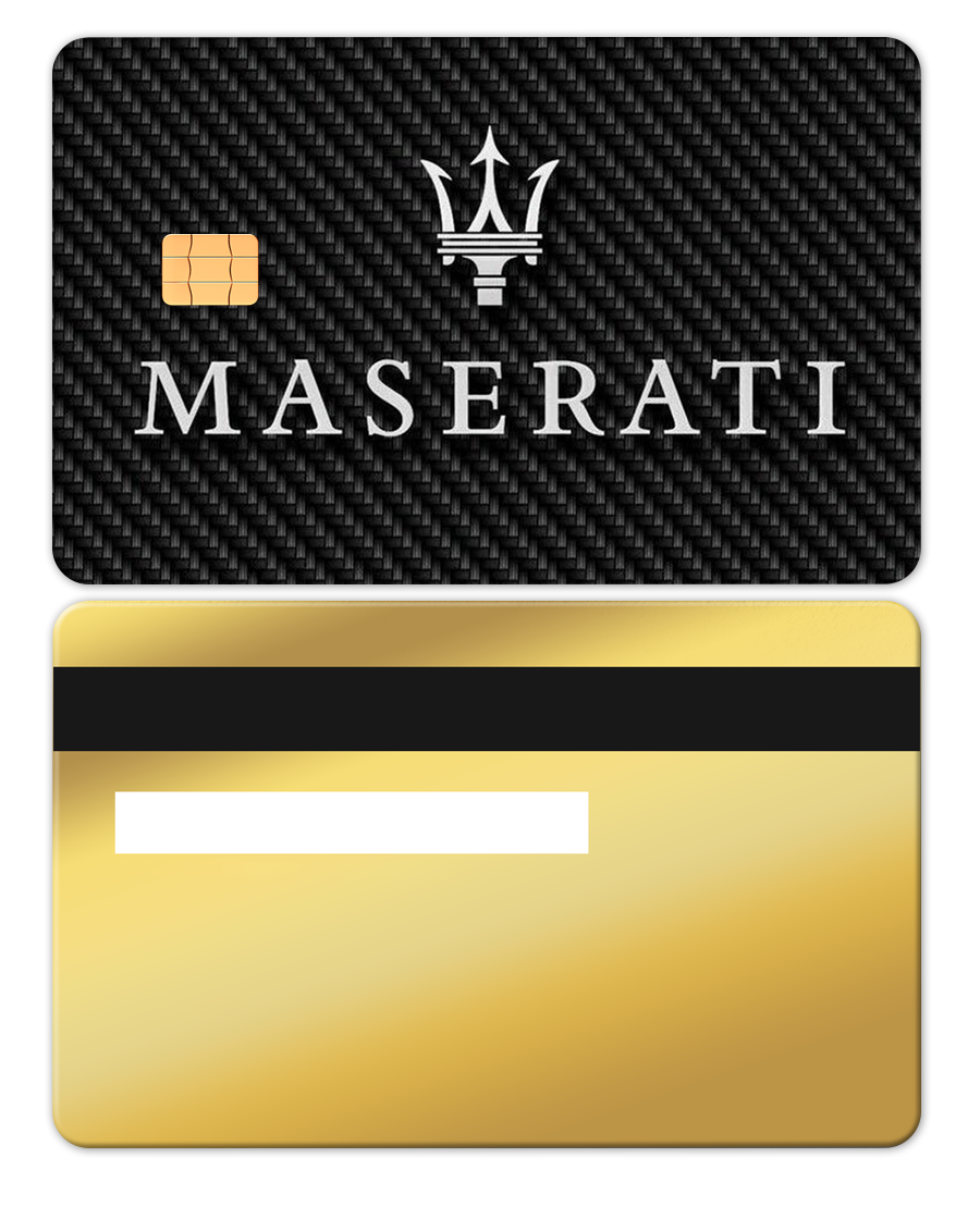 Luxury gold metal card with Maserati logo, carbon fiber texture, chip, and magnetic stripe.