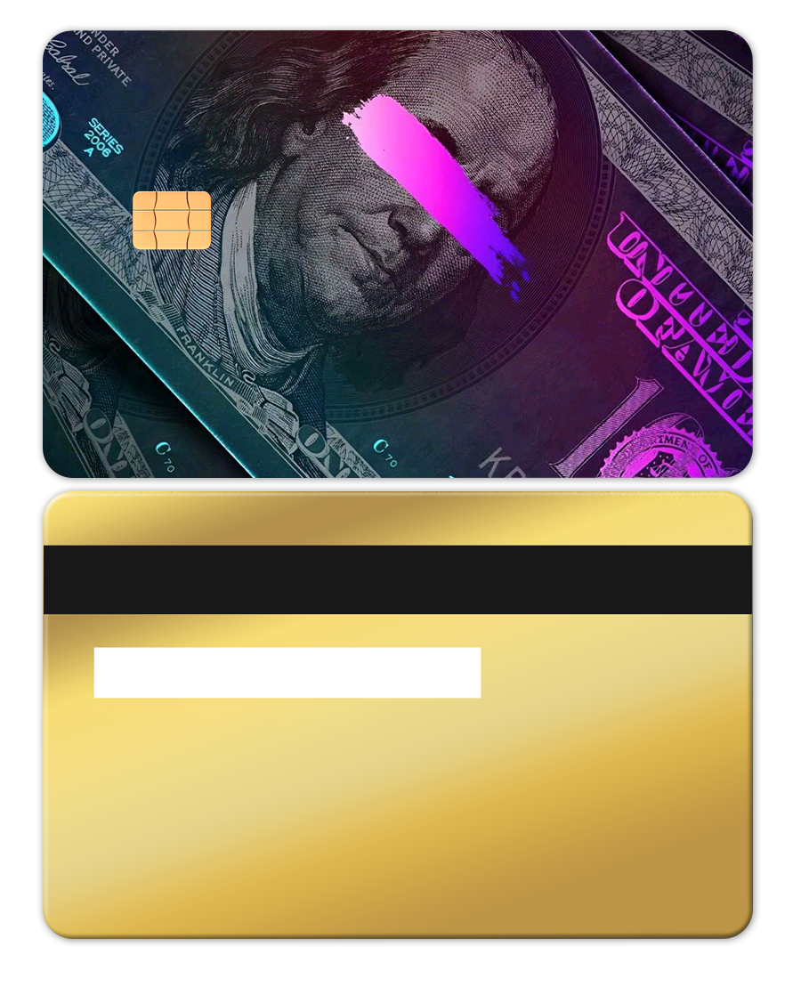 Custom gold metal card front with abstract dollar design and pink brushstroke, chip visible