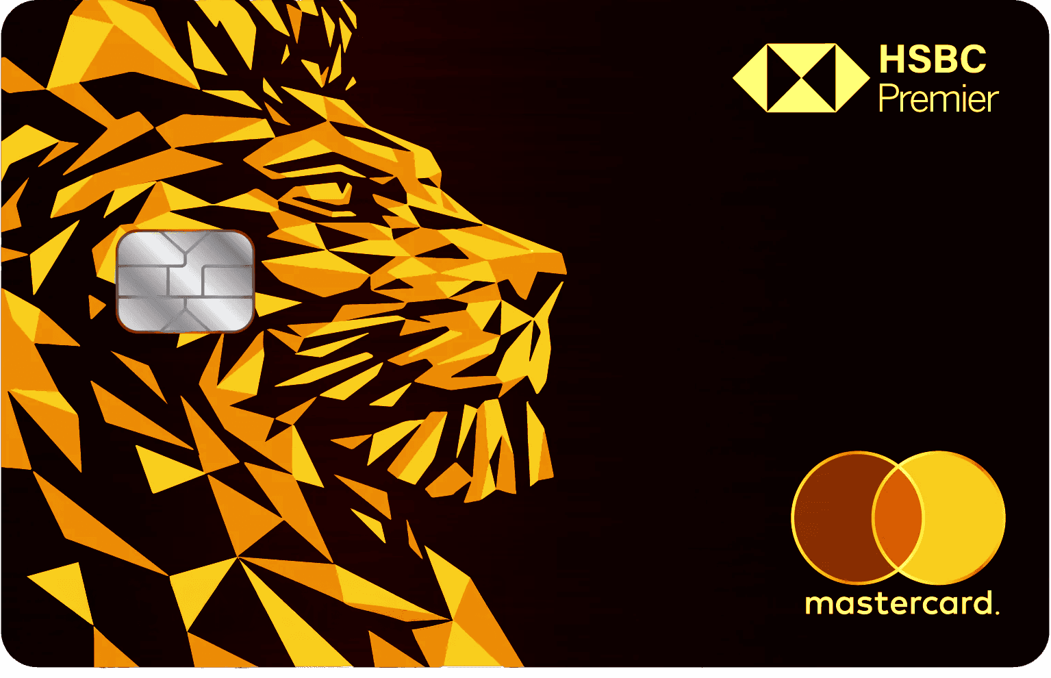 HSBC Premier metal card with geometric gold lion, Mastercard logo, and chip on black background