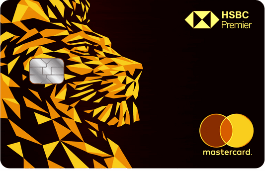 HSBC Premier metal card with geometric gold lion, Mastercard logo, and chip on black background
