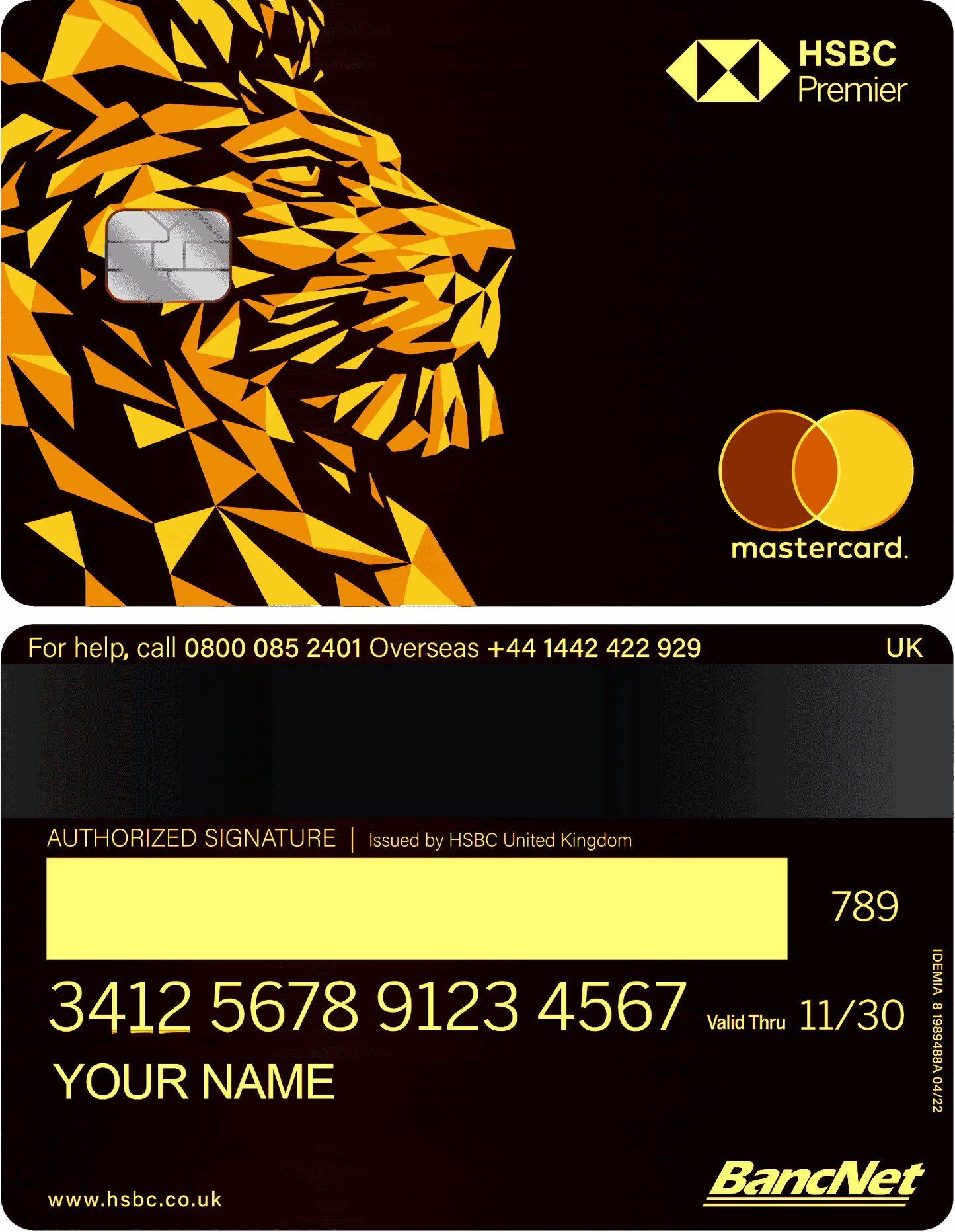 HSBC Premier gold metal Mastercard with geometric lion design and embossed card details