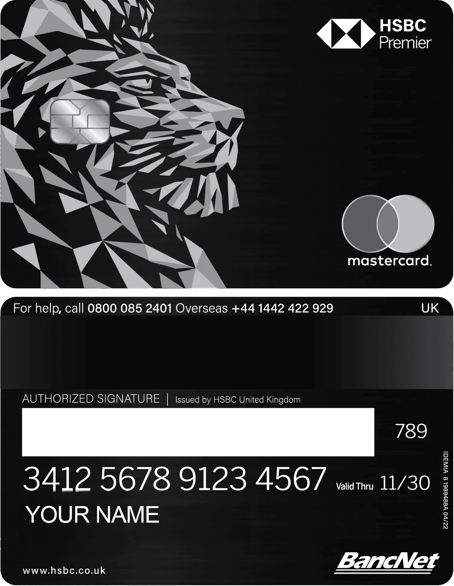 HSBC Premier metal card with geometric lion design, Mastercard logo, and silver chip