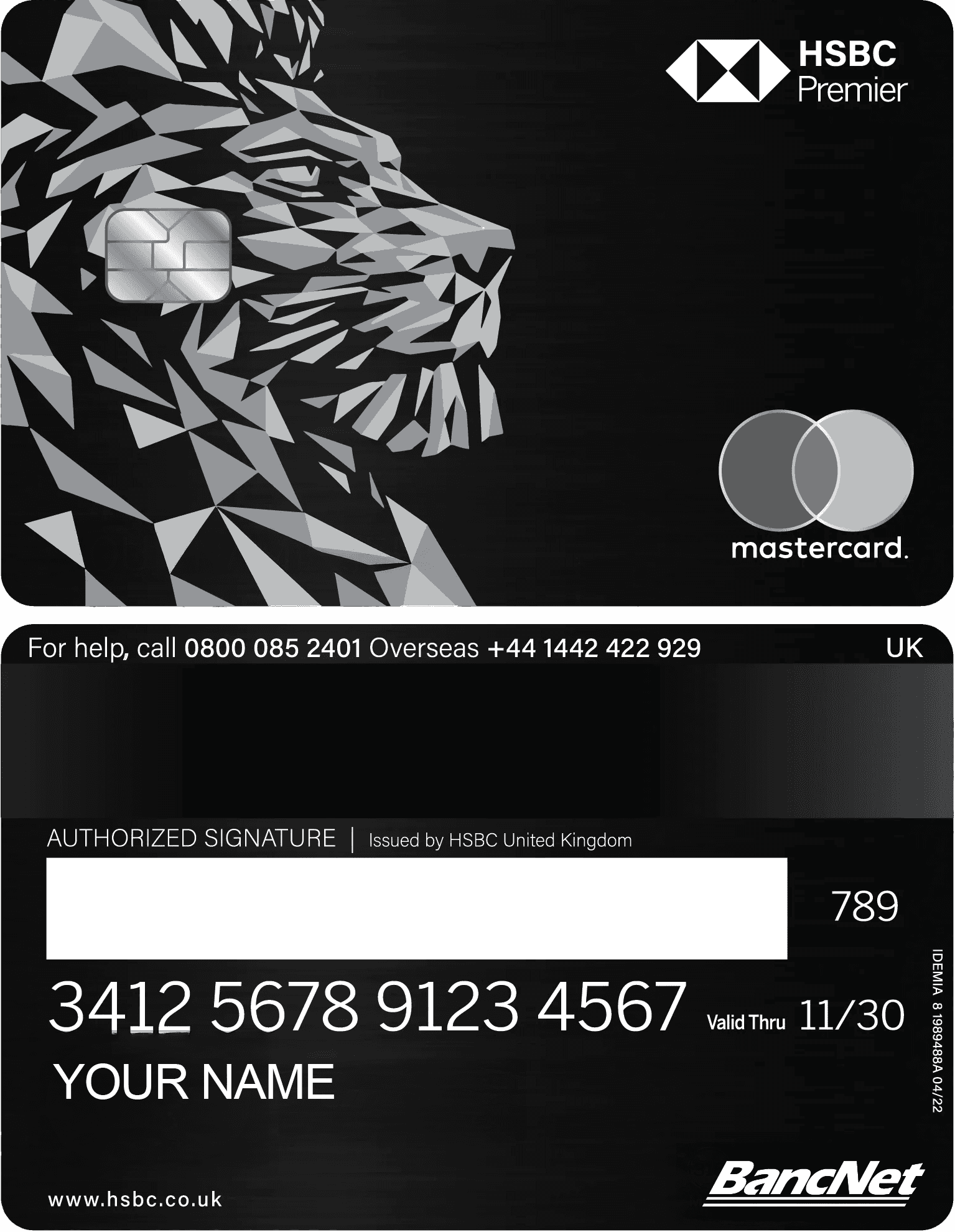 HSBC Premier metal card with geometric lion design, Mastercard logo, and silver chip