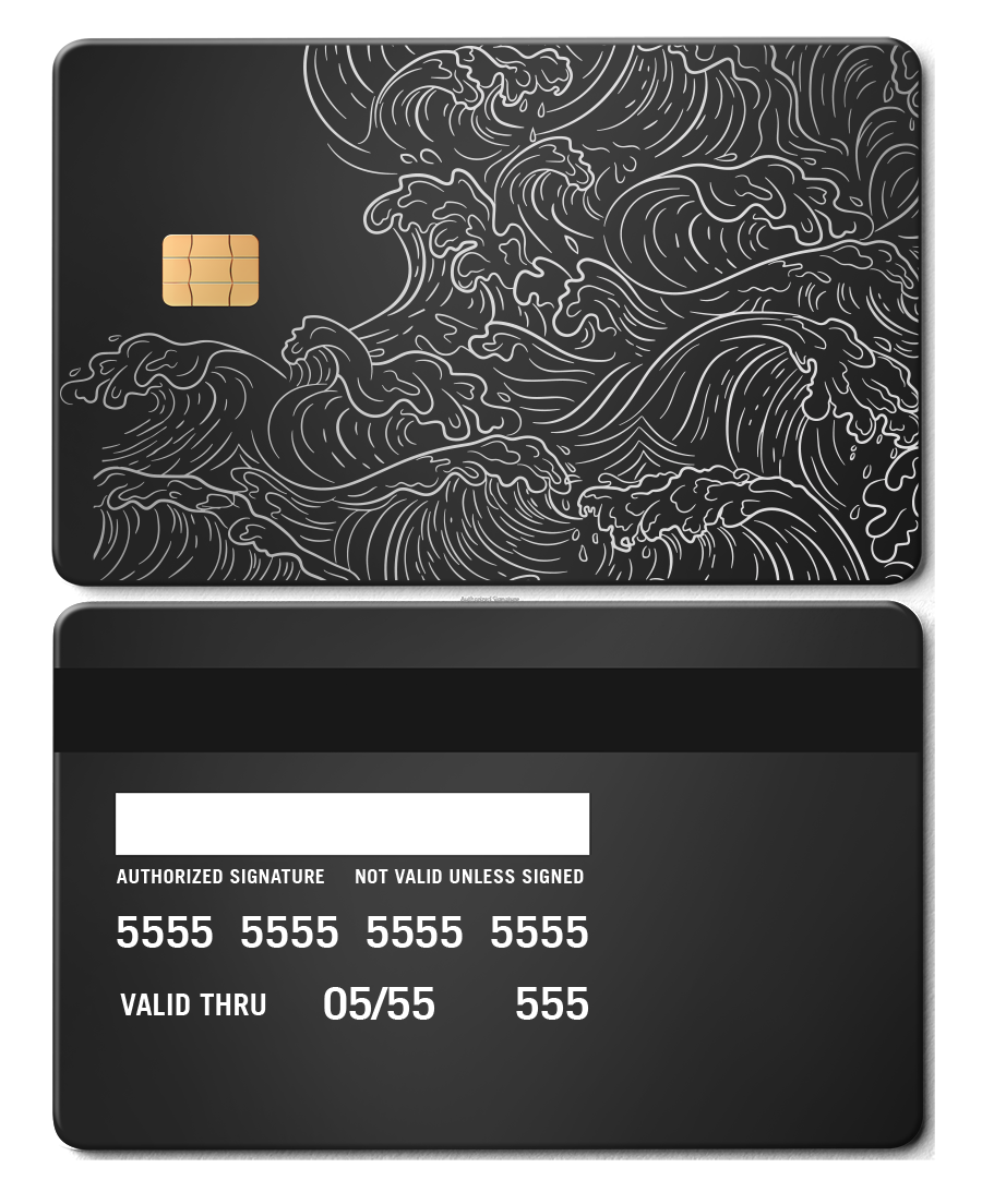 Black metal card with Hokusai wave design in white lines, chip, and card details.
