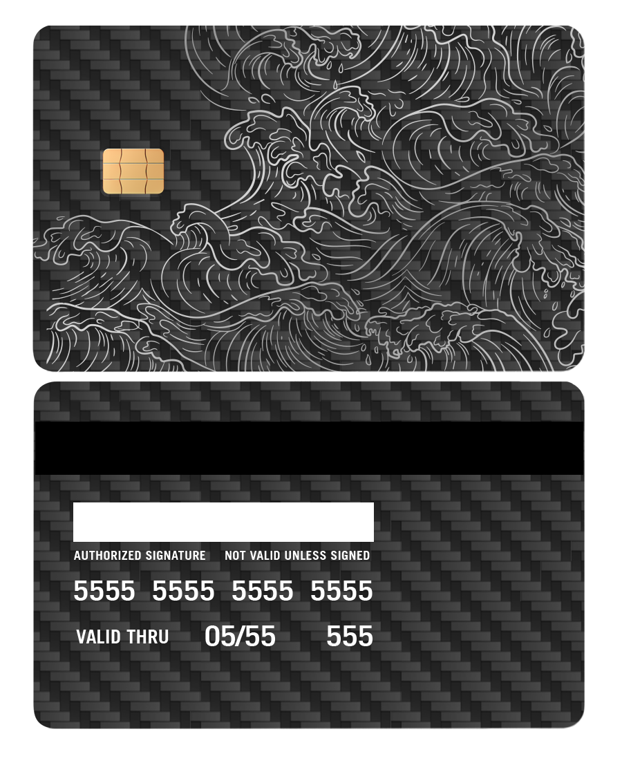 Hokusai Wave metal card with black carbon fiber texture and white wave pattern design