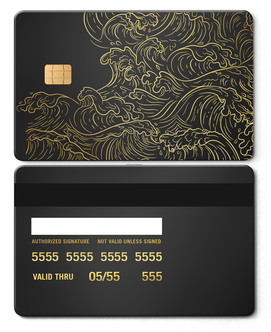 Black metal card with gold Hokusai wave design and chip, luxury metal credit card