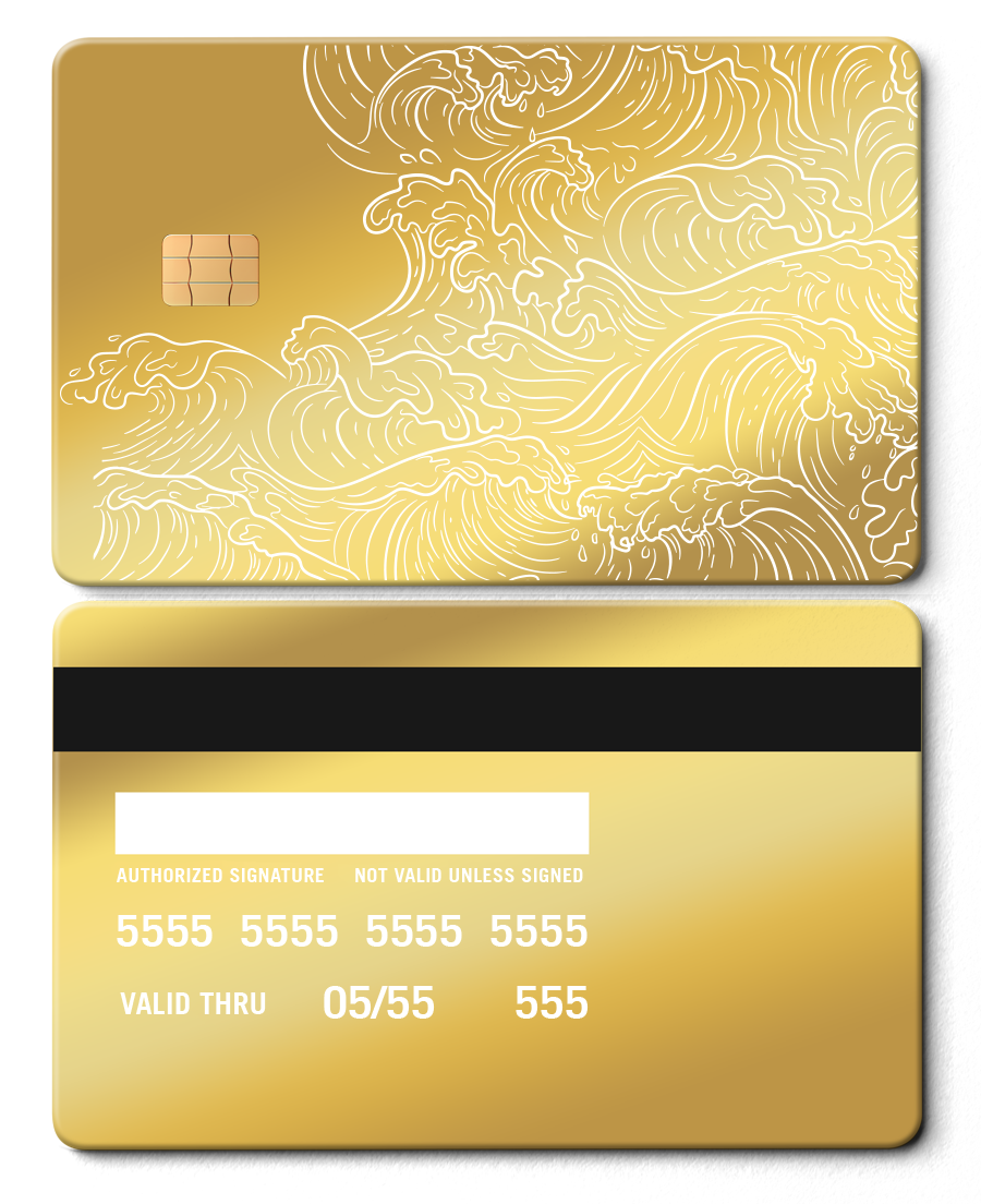 Gold metal card with Hokusai wave art design, chip, and card details front and back.