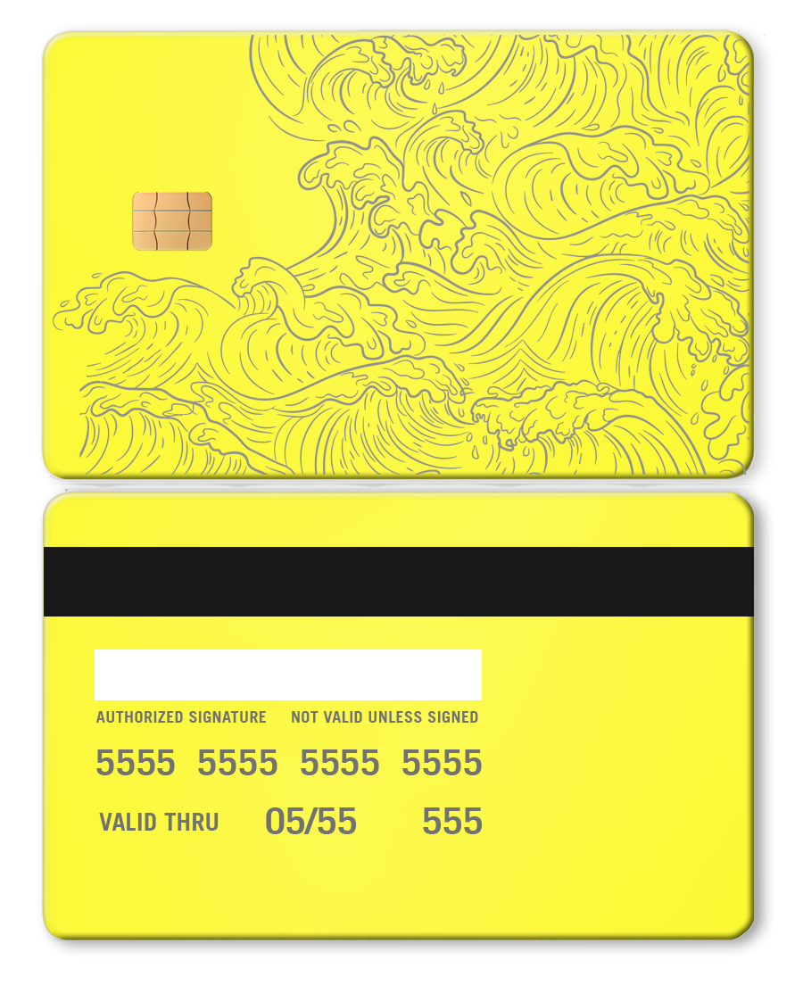 Neo lime metal card with Hokusai wave design, yellow background, chip, and card details.