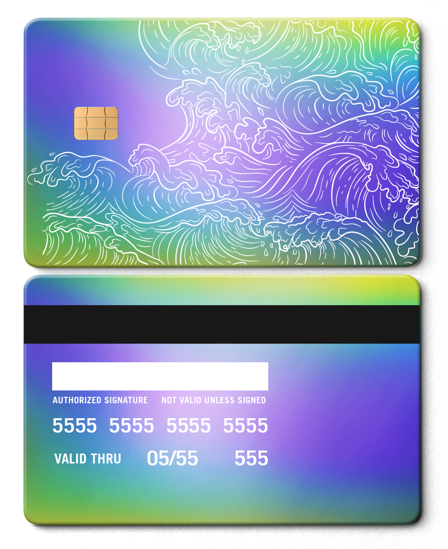 Metal card with Hokusai wave design and rainbow chrome finish, front and back views