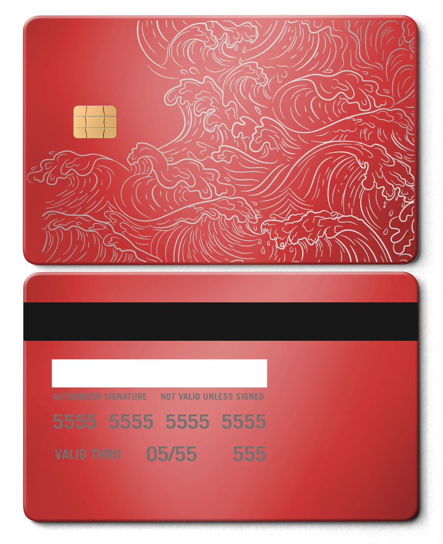 Red metal card with Hokusai wave design, gold chip, and engraved details