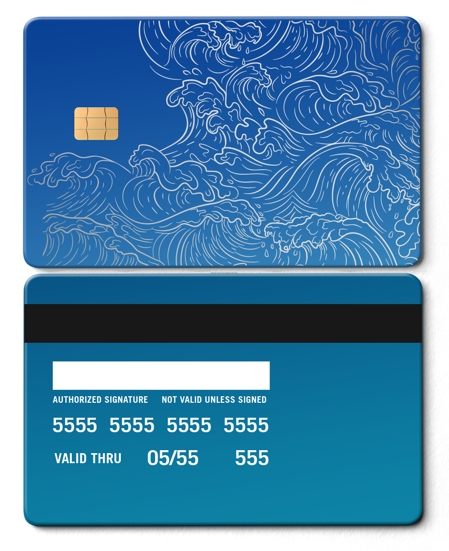 Sapphire blue metal card with Hokusai wave design and gold chip on front