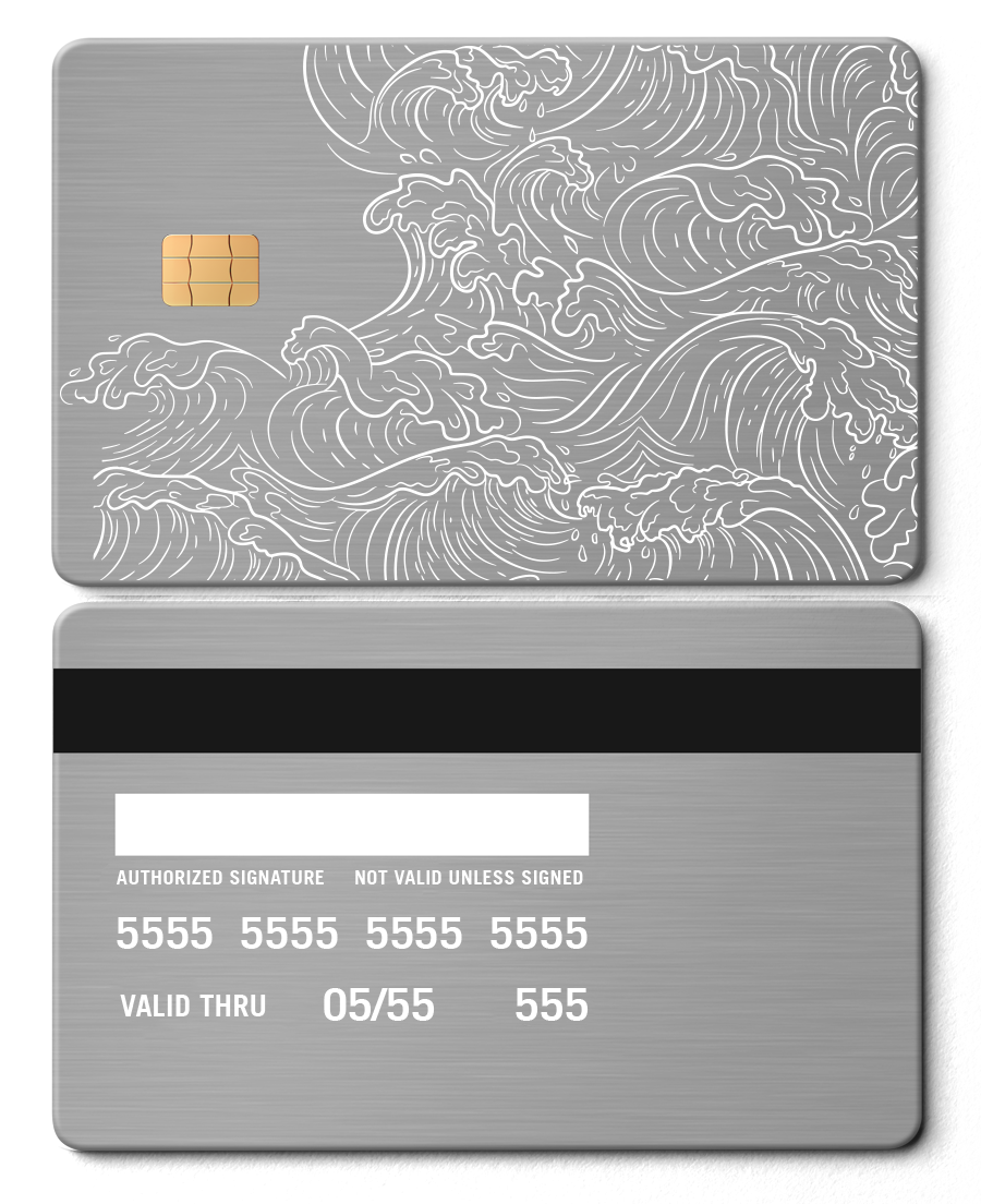 Metal card with silver Hokusai wave design, chip, and brushed steel finish
