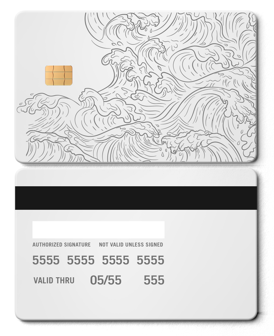 Metal card with Hokusai wave line art design, white background, chip, front and back view