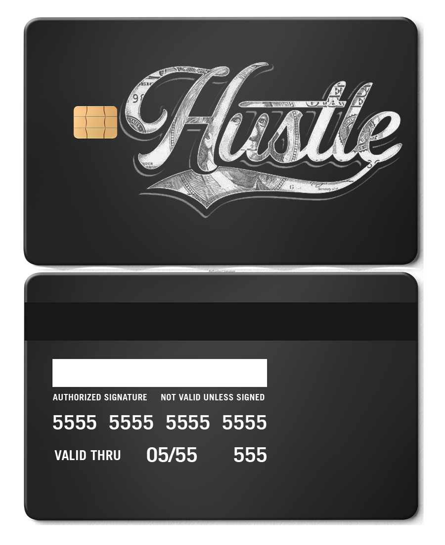 Black metal card with Hustle script in money print, featuring chip and card details