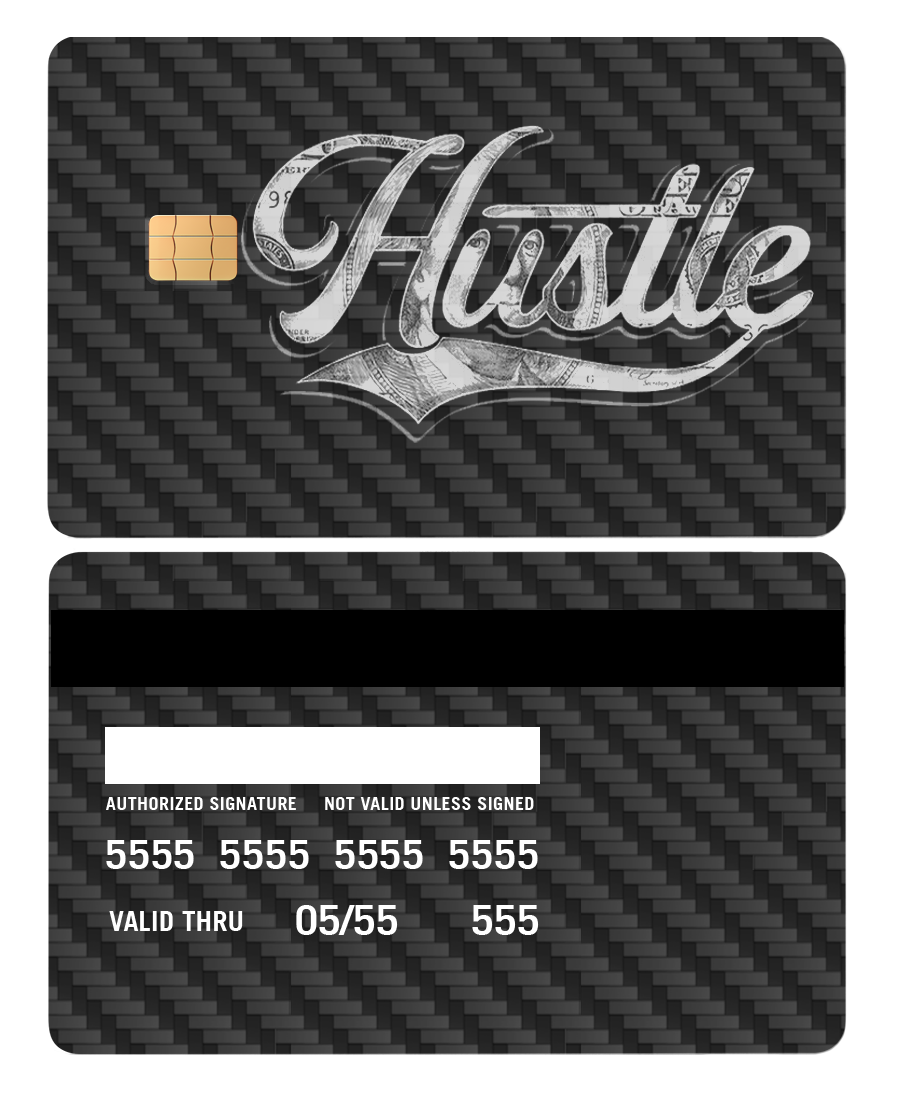 Hustle metal card with black carbon fiber pattern, chip, and bold script design