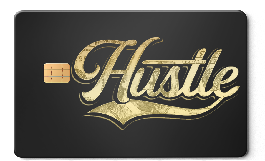 Black metal card with gold chip and 'Hustle' in gold script, premium metal card design