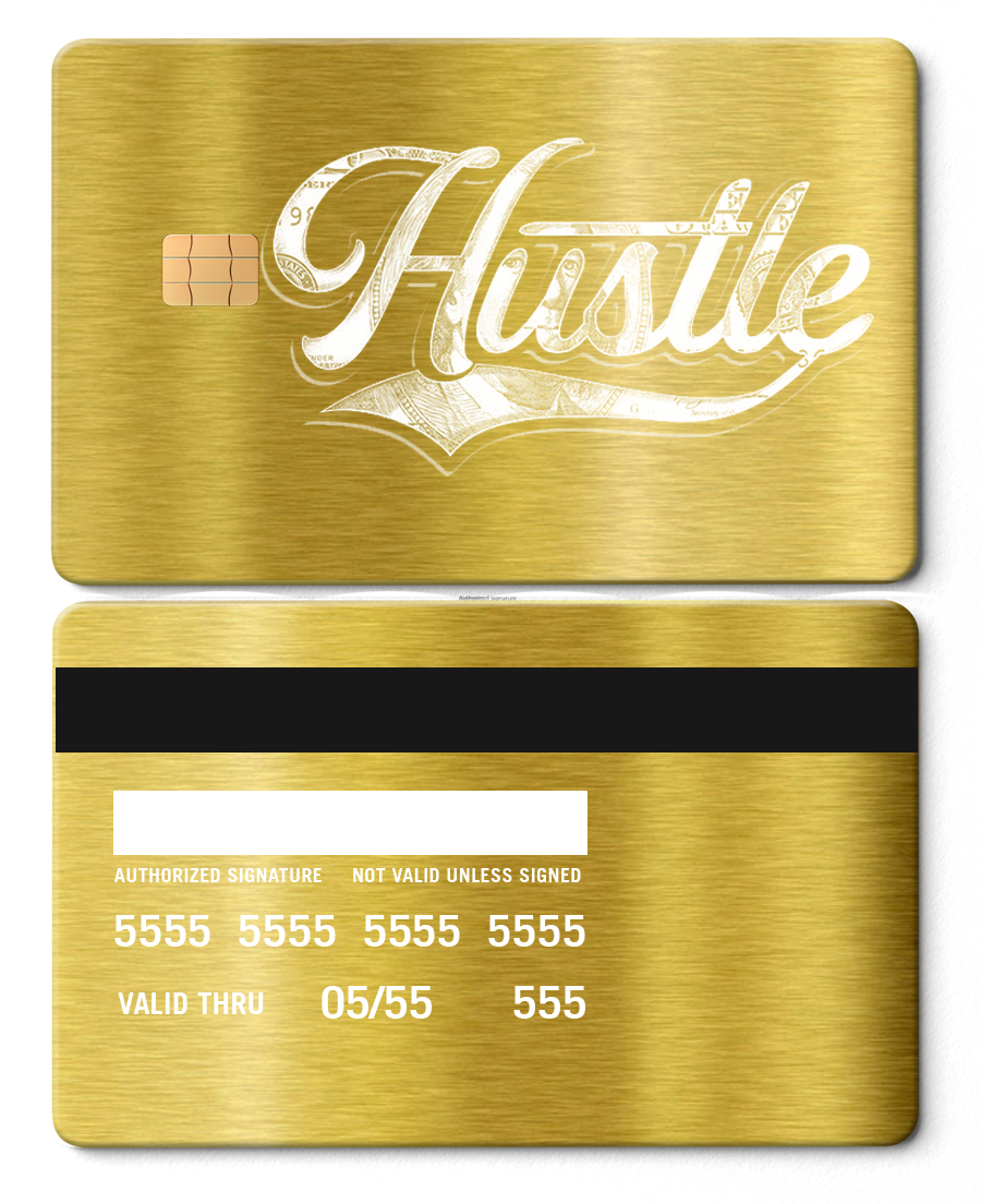 Brushed gold metal card with Hustle script, chip, and credit card details front and back.