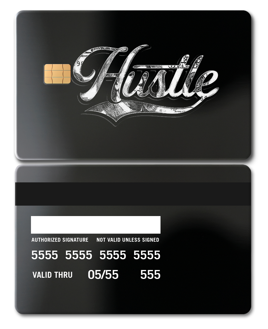 Black metal card with gold chip and 'Hustle' script design, custom collectible credit card