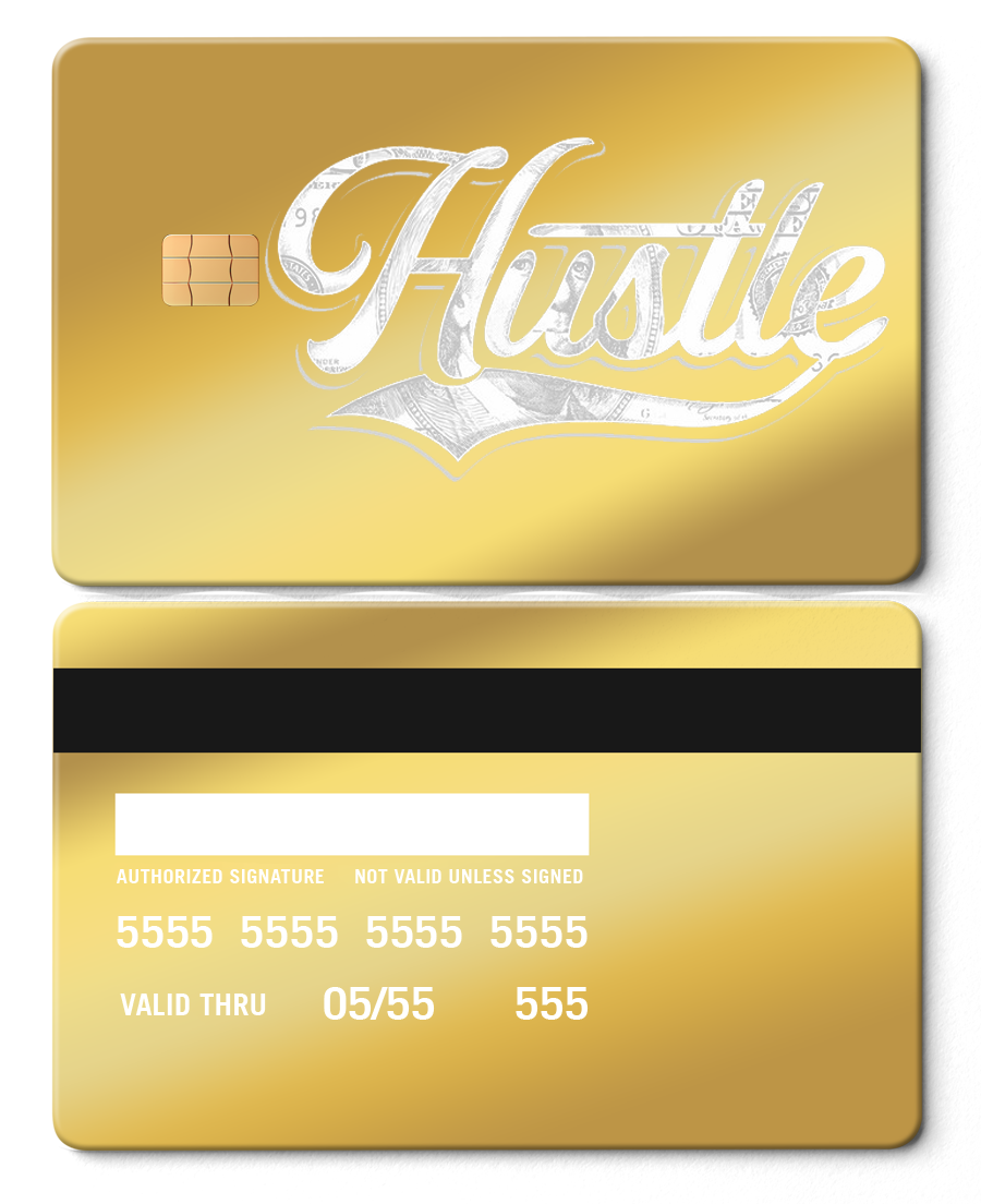 Gold metal card with Hustle script and chip, front and back view, luxury bank card style.
