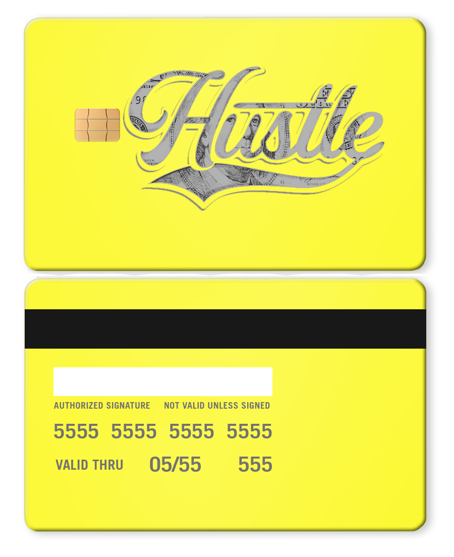 Neo Lime metal card with Hustle text, chip, dollar bill design, yellow color