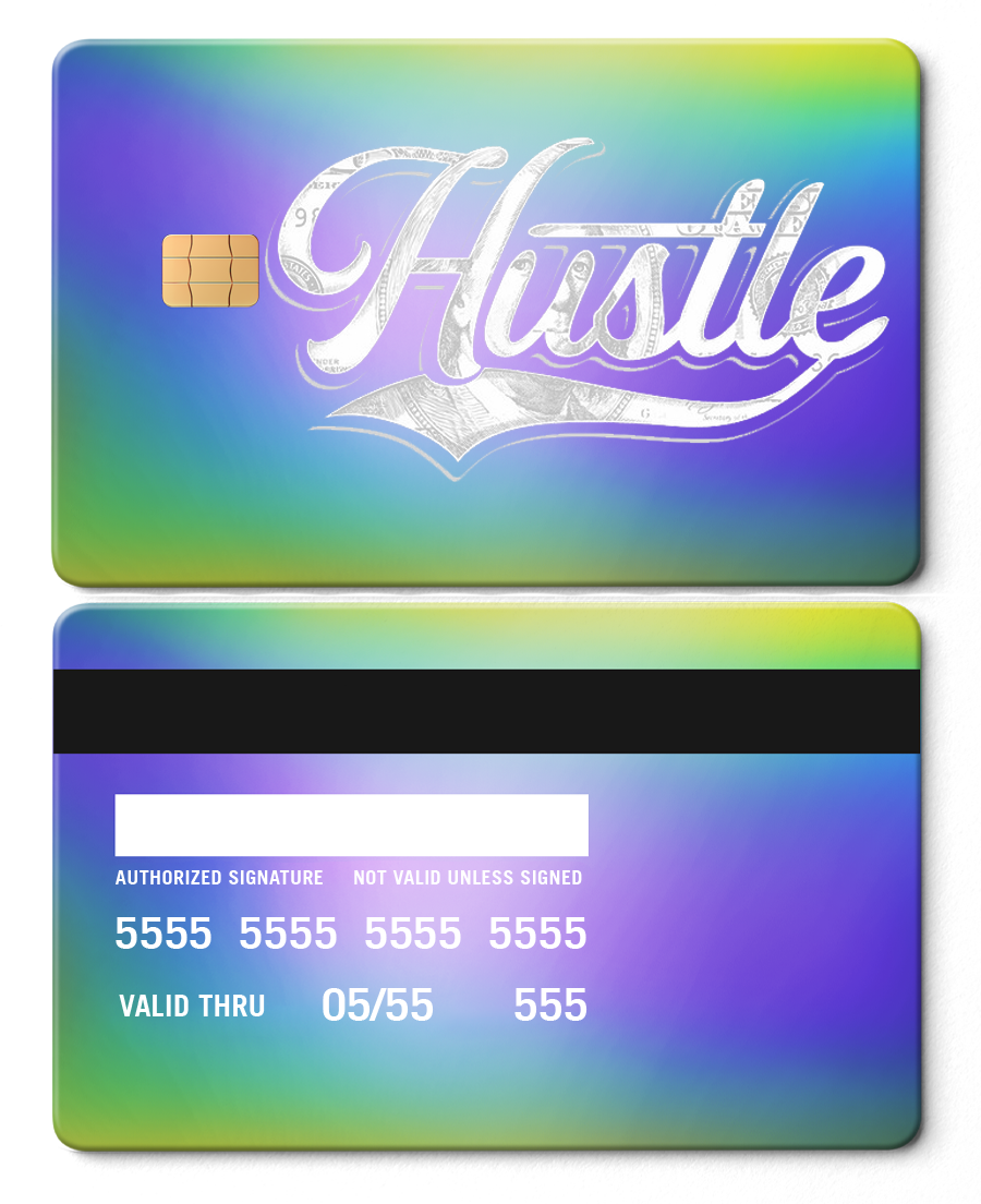 Rainbow chrome metal card with Hustle script and chip, colorful financial card design
