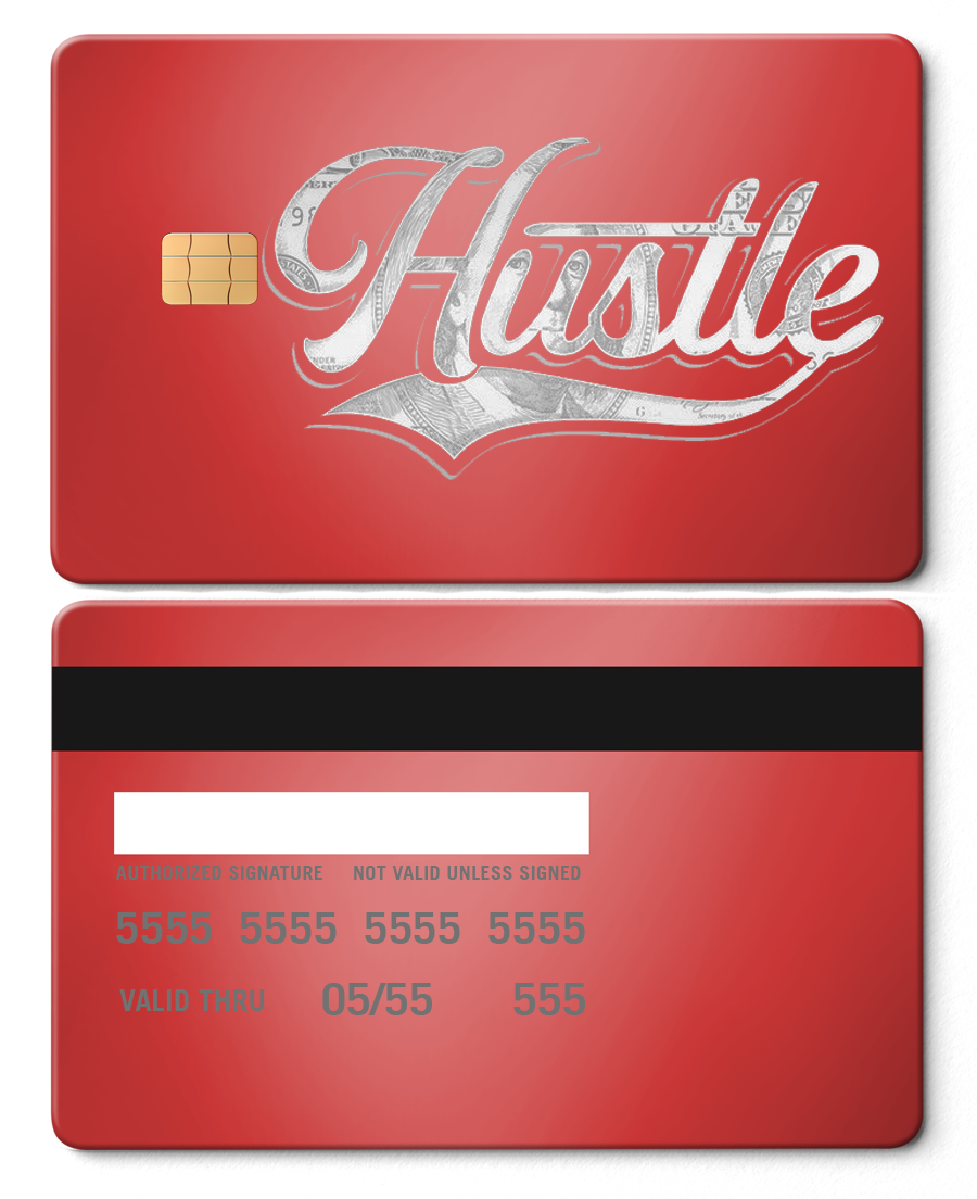 Red metal card with silver 'Hustle' text, chip, and magnetic stripe, premium design