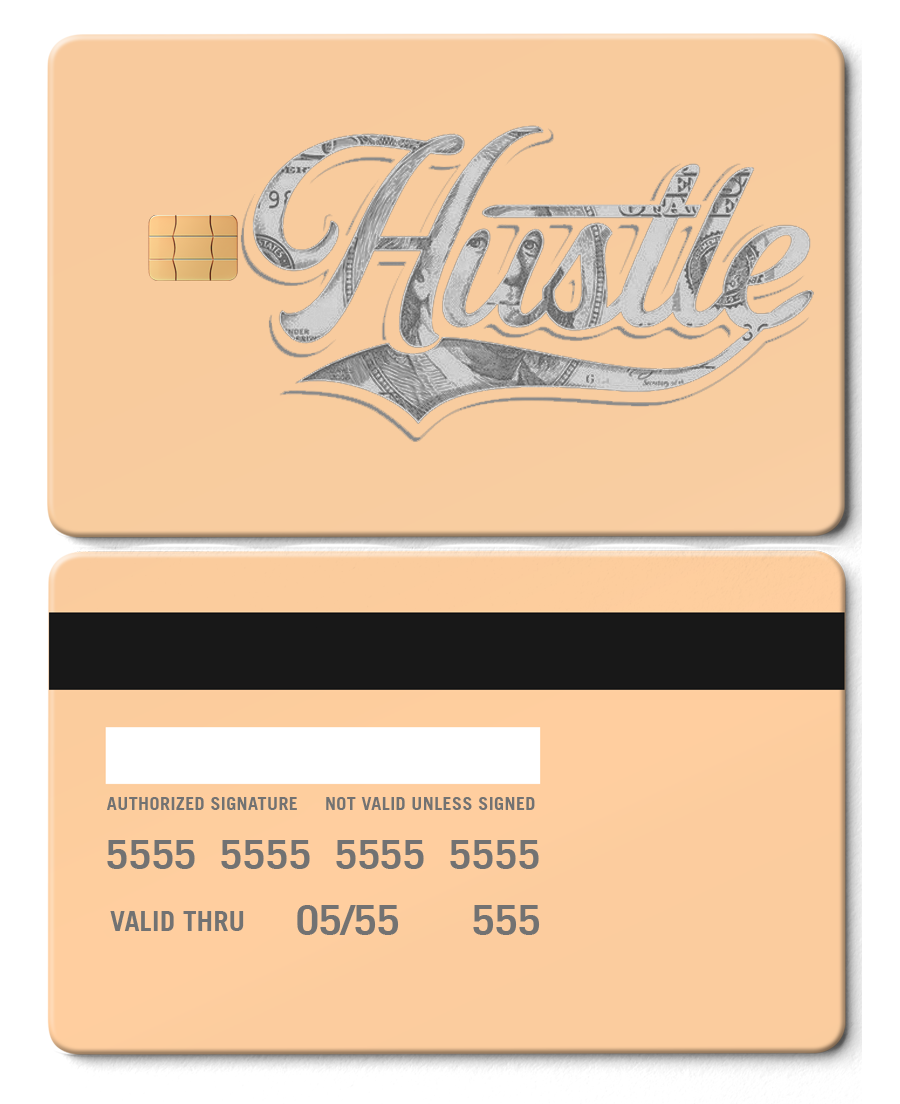 Rose gold metal card with silver 'Hustle' design, chip, and magnetic stripe