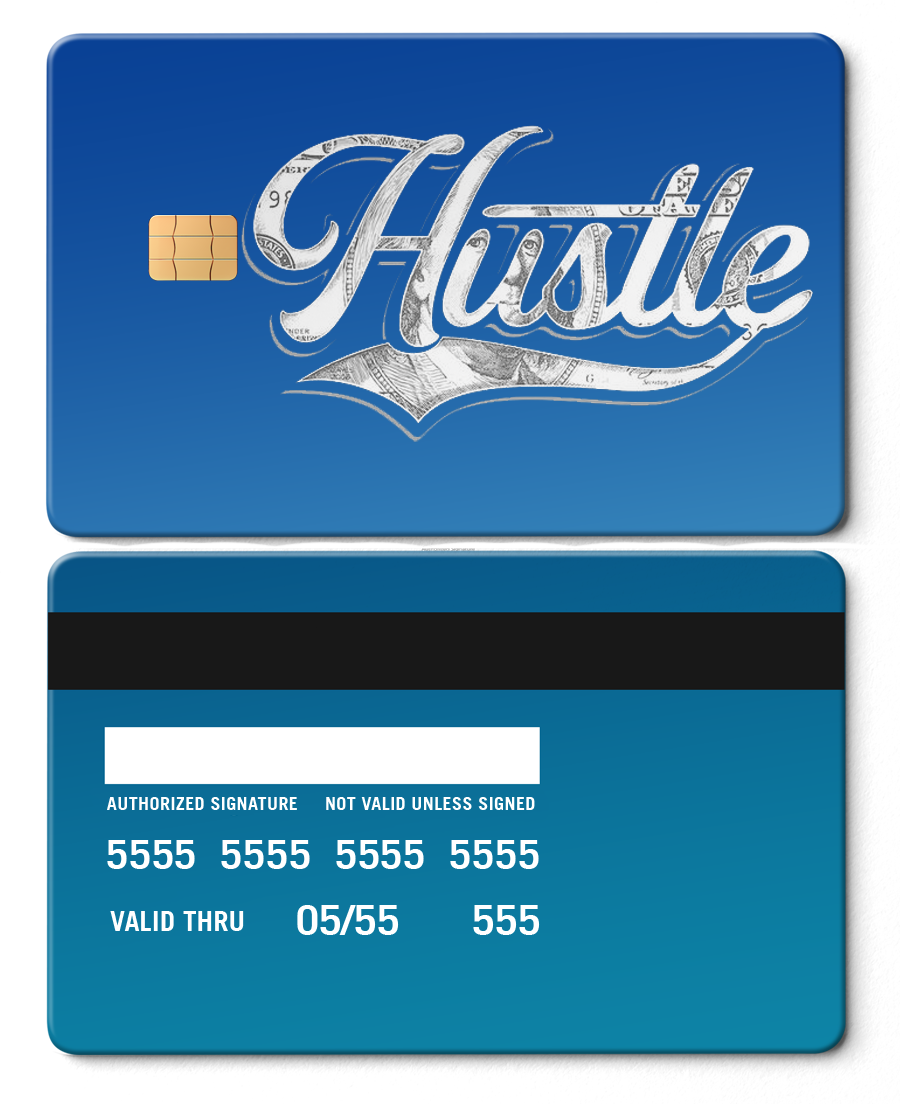 Sapphire blue metal card with chip, 'Hustle' script, and decorative money details.