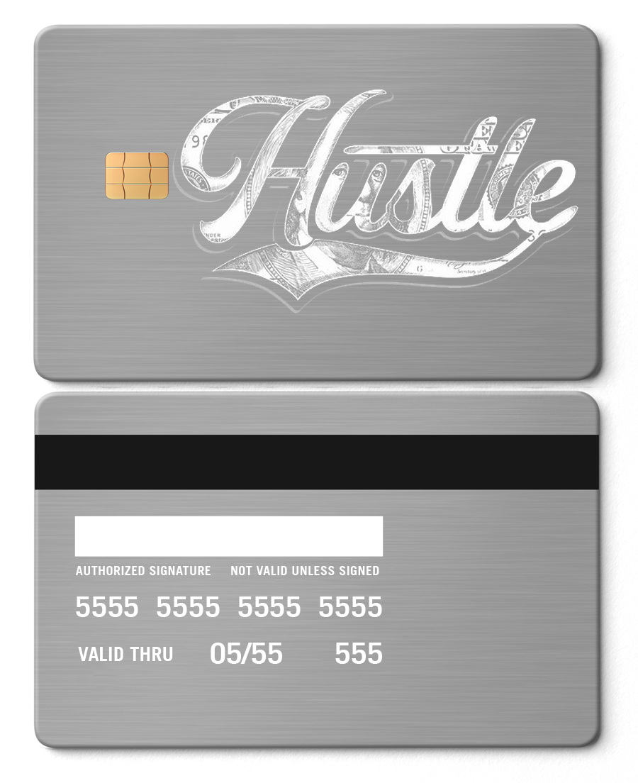 Silver metal card with Hustle script, chip, and engraved money details, front and back shown.