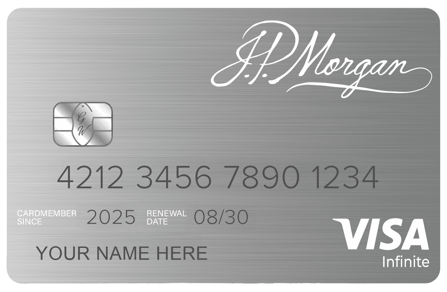J.P. Morgan custom metal credit card, silver brushed finish, Visa Infinite logo
