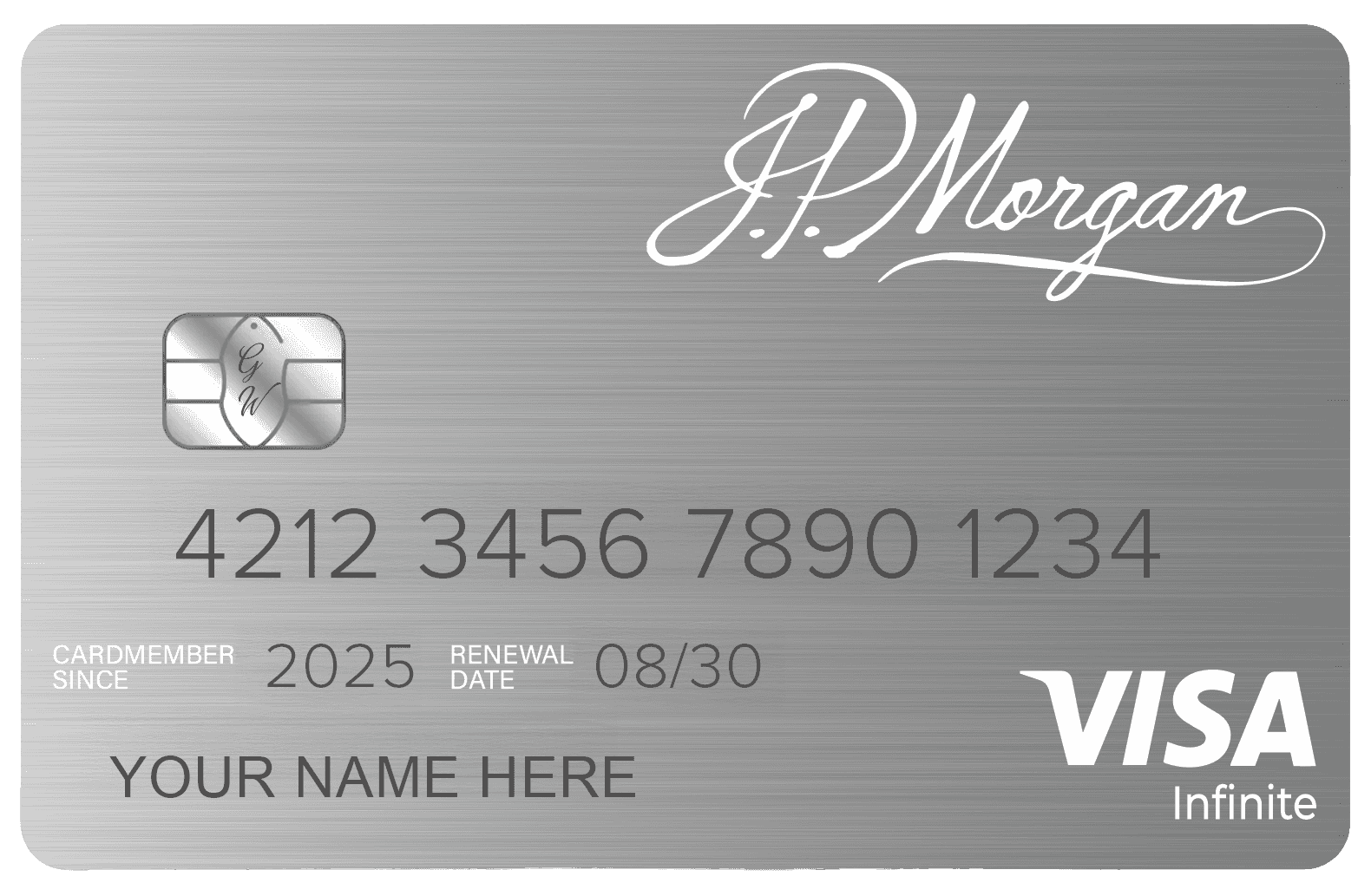 J.P. Morgan custom metal credit card, silver brushed finish, Visa Infinite logo