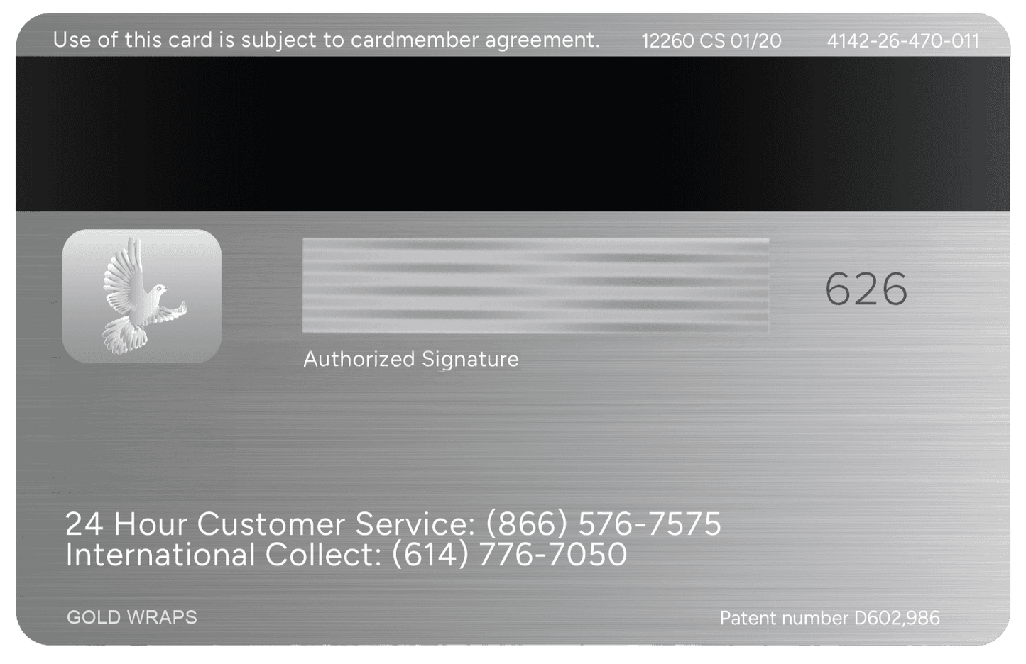 Silver metal card with dove emblem, signature strip, and customer service info on brushed background