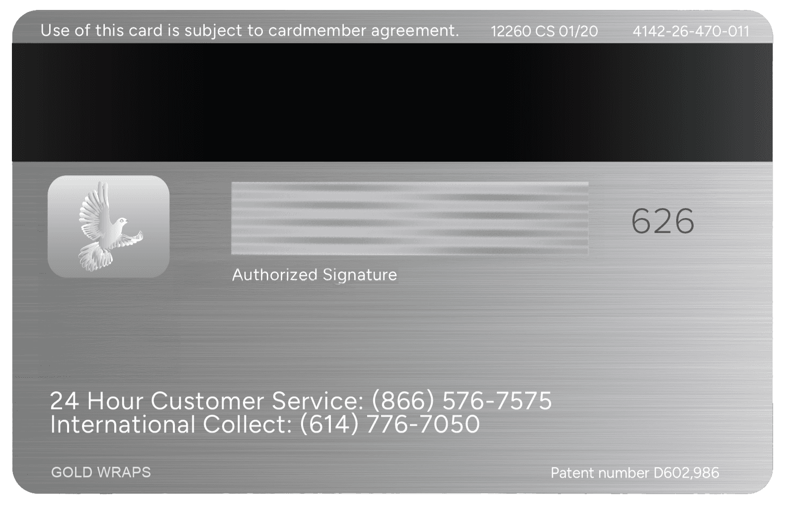 Silver metal card with dove emblem, signature strip, and customer service info on brushed background