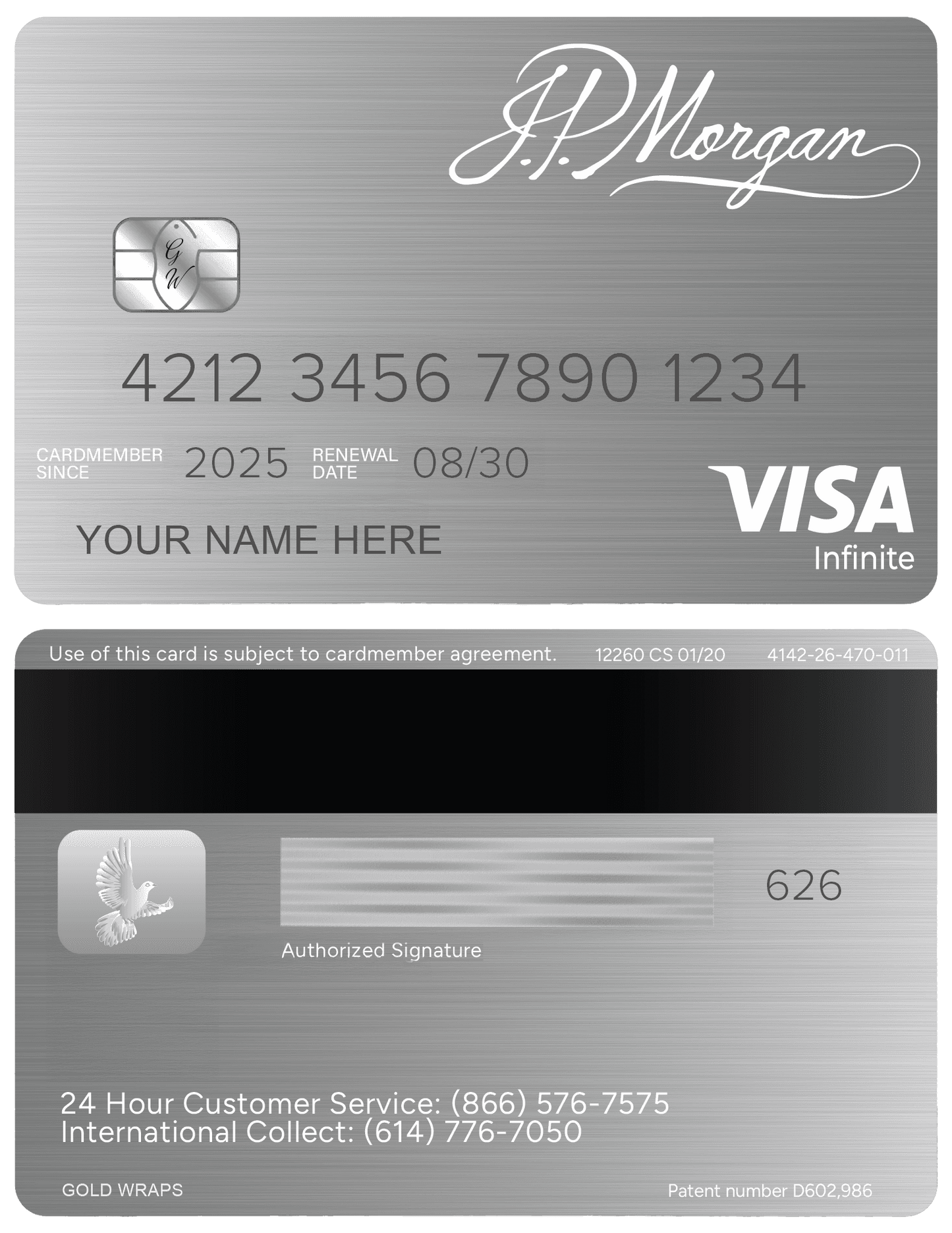 Metal JP Morgan Visa Infinite credit card with brushed silver finish and chip