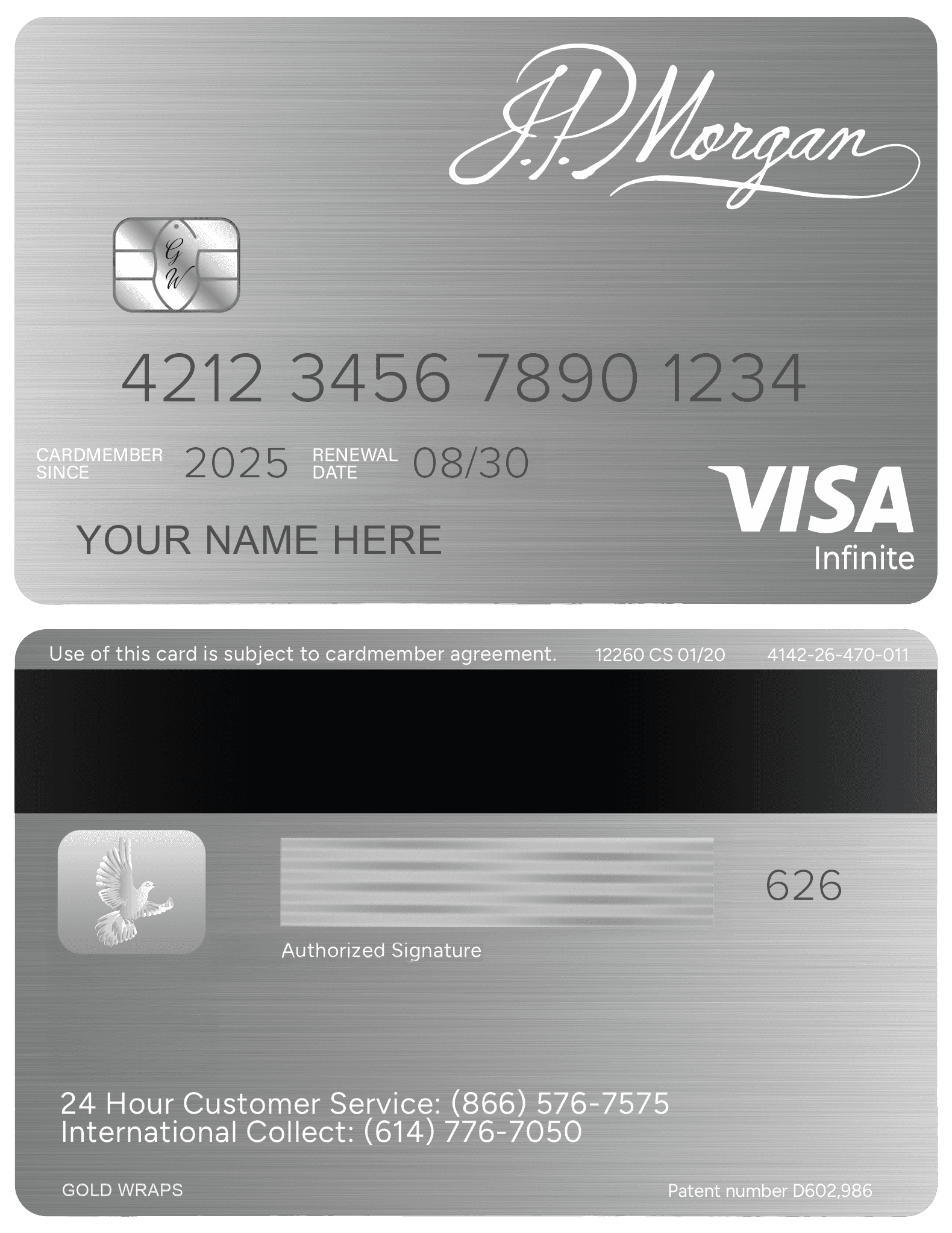 Metal JP Morgan Visa Infinite credit card with brushed silver finish and chip