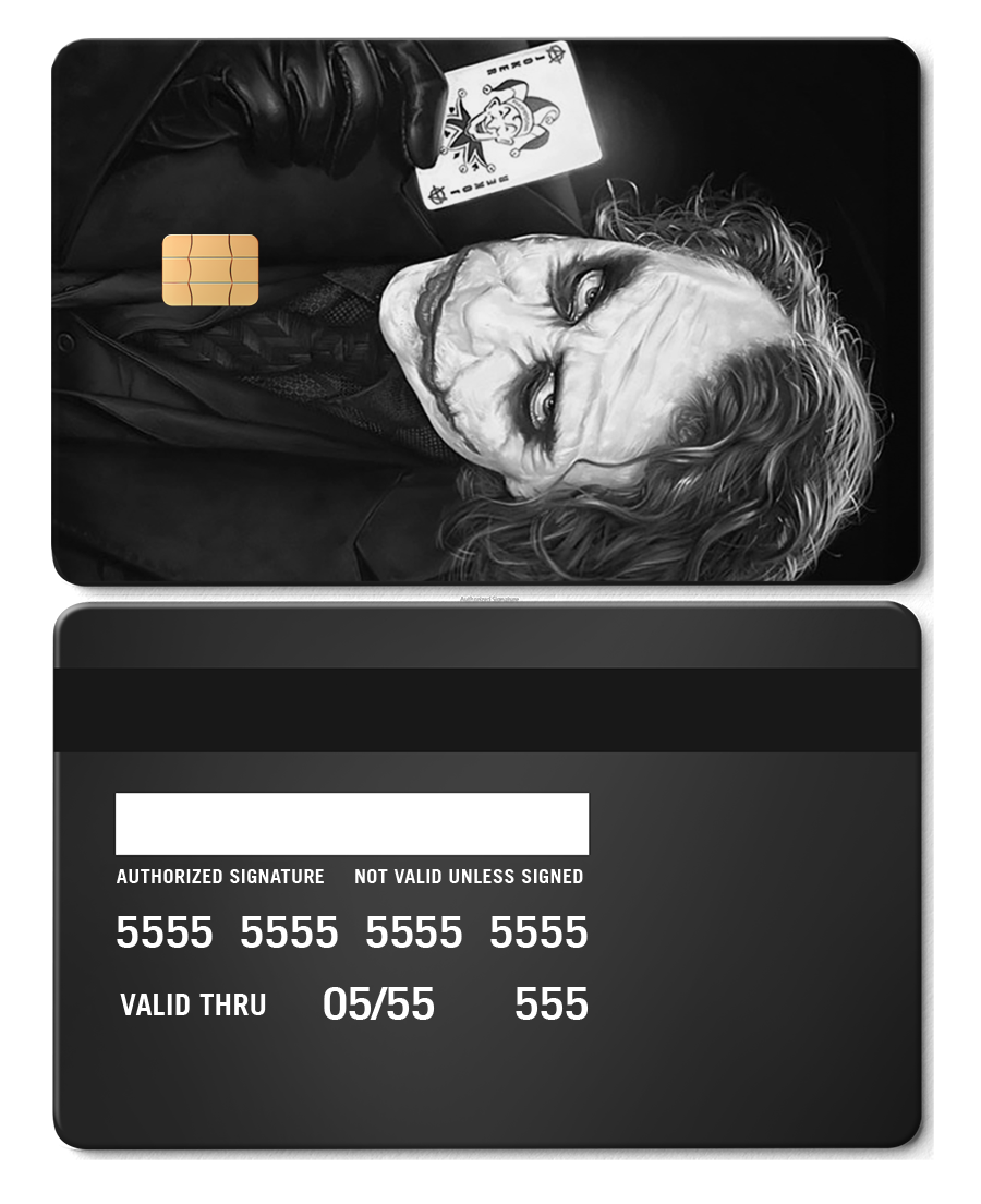 Metal card featuring a Joker illustration holding a playing card, black background, chip visible