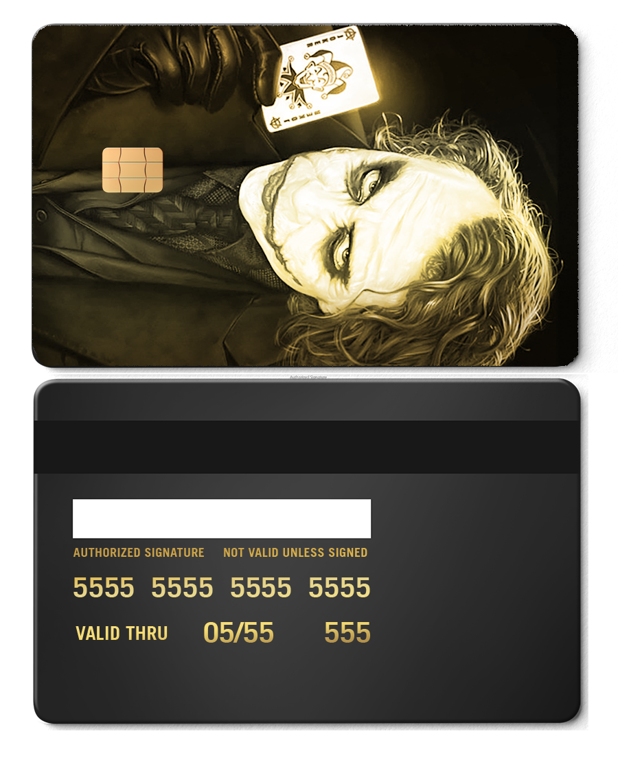Joker-themed custom metal card with brass finish and Joker image holding a playing card.