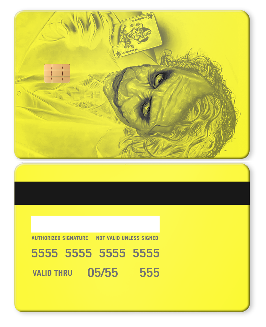 Neo lime metal card featuring a Joker illustration and credit card chip.