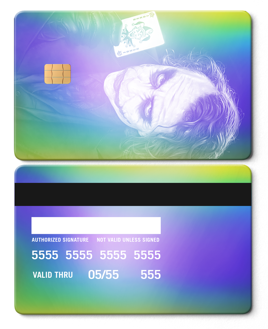 Metal card with Joker design, rainbow chrome finish, chip, and card details on back.